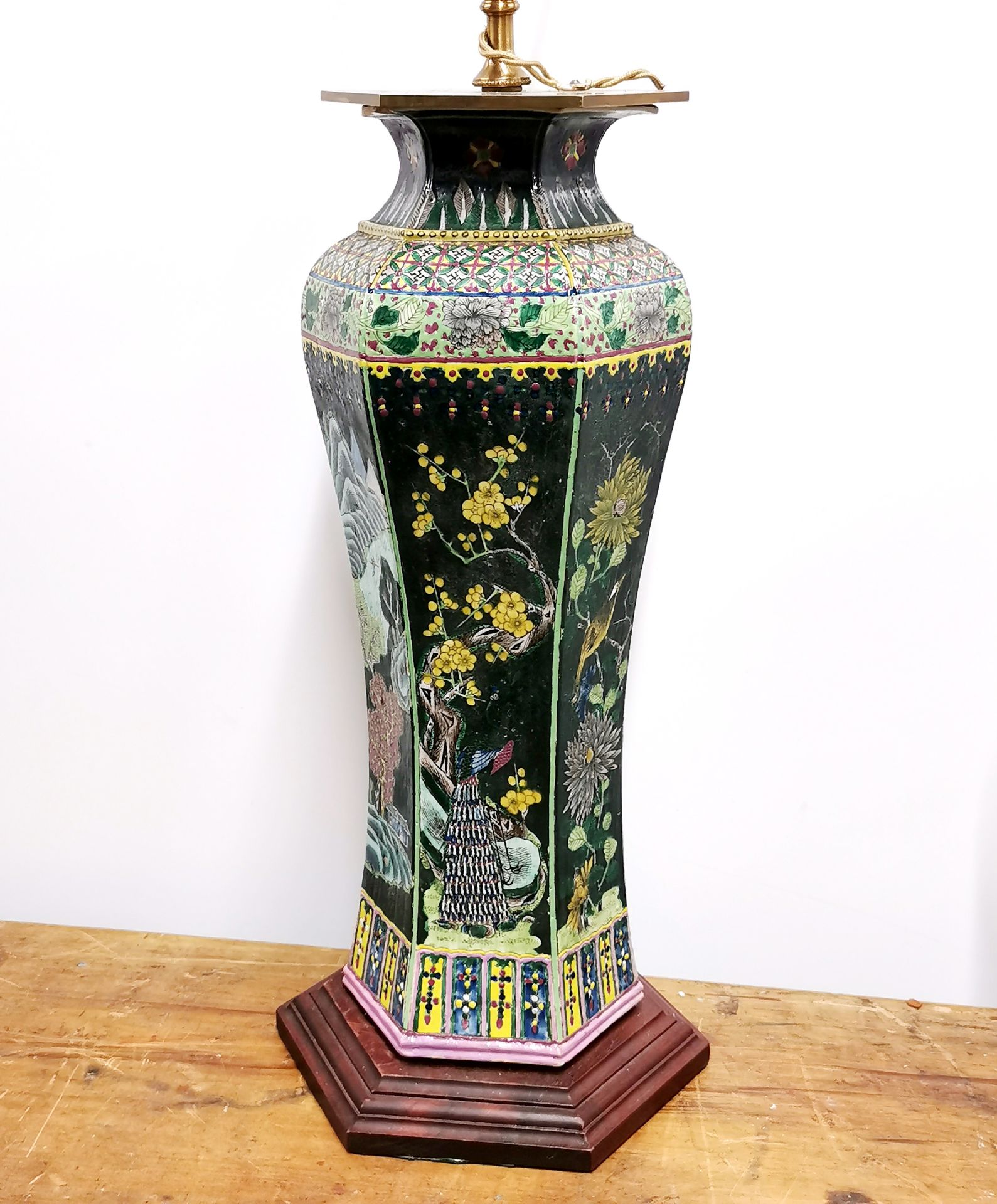 A mid-20th C Chinese porcelain hexagonal vase mounted as a table lamp, overall H. 89cm. - Image 2 of 5