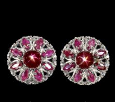 A pair of 925 silver earrings set with cabochon and marquise cut rubies and white stones, Dia. 1.
