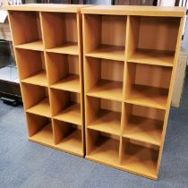 A pair of teak effect bookshelves, 146 x 72 x 40cm.