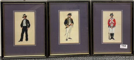 Three framed signed original paintings of 19th C military costume, 23 x 32cm.