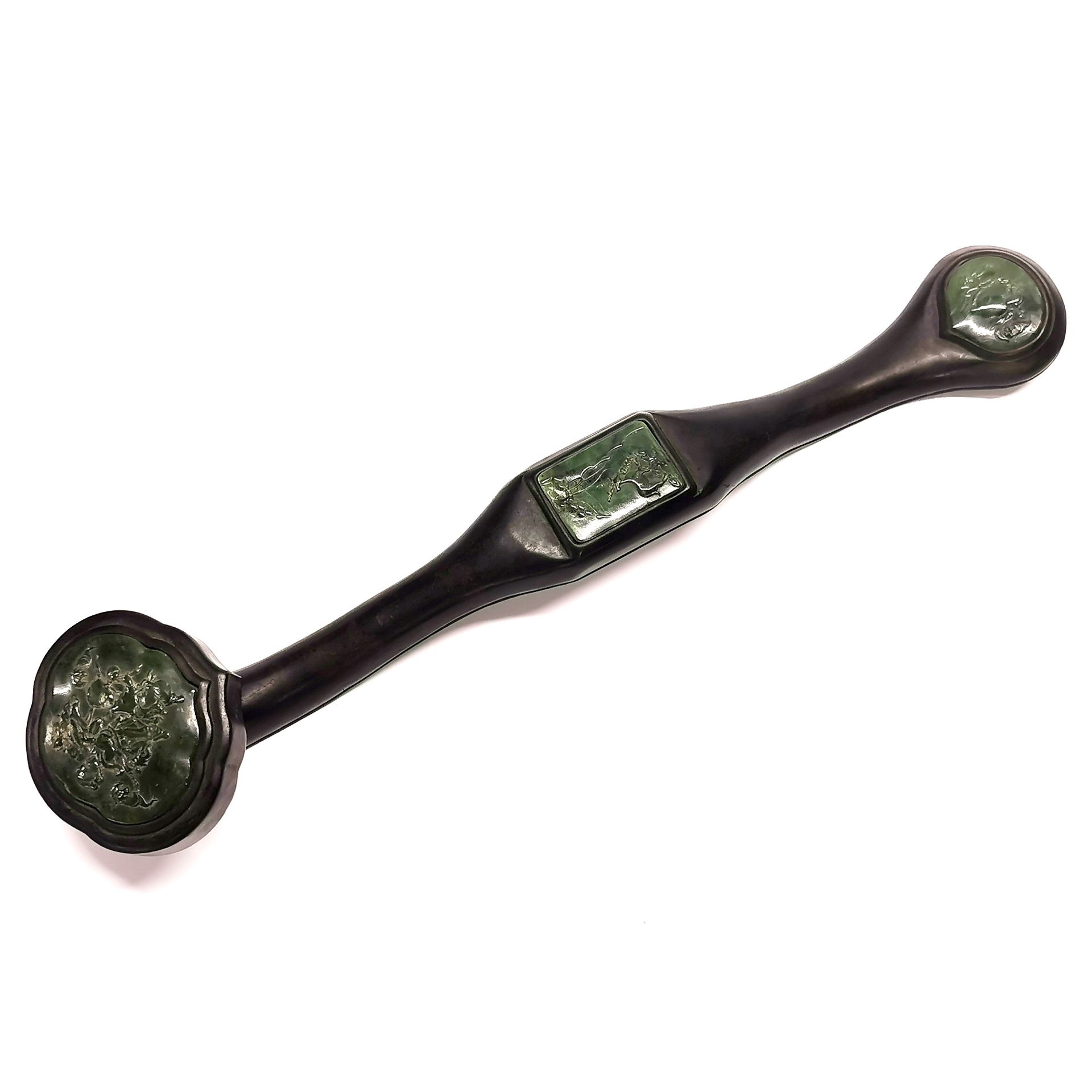 A Chinese hardwood Ruyi sceptre inset with jade panels, L. 50cm.