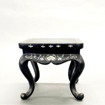 A mother of pearl inlaid Chinese lacquered wooden stand, 16 x 16 x 14cm.