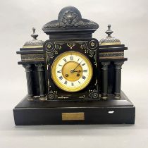 An early 20th C French slate mantle clock with presentation placque dated 16th November 1912, H.