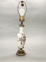 An early 20th C Chinese hand enamelled porcelain vase mounted as a table lamp base, overall H.