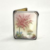 A lovely Art Deco hallmarked silver and hand enamelled cigarette case, 8.5 x 7cm.