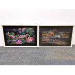 A pair of 1970's oriental framed oils on velvet, frame size 46 x 70cm. Together with a framed