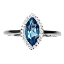 A 925 silver ring set with a marquise cut London blue topaz and white stones, (N).