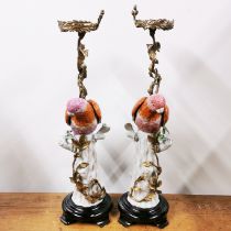 A lovely pair of ormolu mounted porcelain parrot candle stands, H. 55cm.