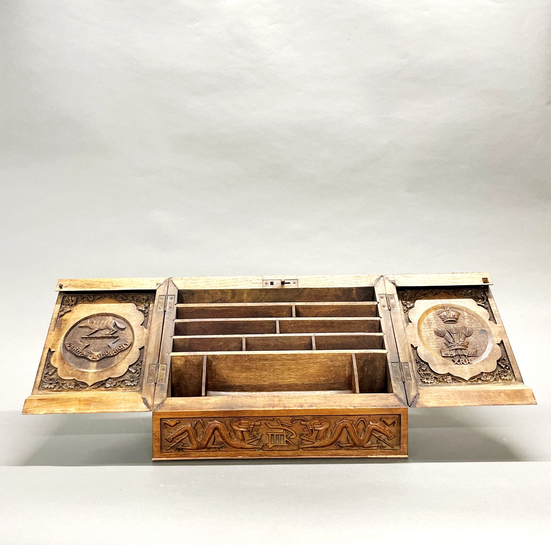 A Burmese carved wooden stationery box, personalised for Lt. Colonel Henry Courtney Brocklehurst, - Image 7 of 11