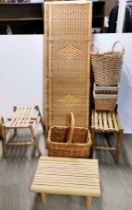 A group of wicker items including baskets, boxes, stools and a four part screen, screen H. 165cm.