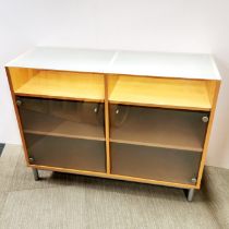 A two door teak effect and frosted glass cabinet/sideboard, 110 x 83 x 40cm.