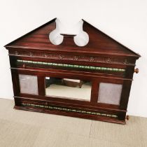 A carved mahogany wall mounted snooker scoreboard with mirror and stone panels, 130 x 105cm.