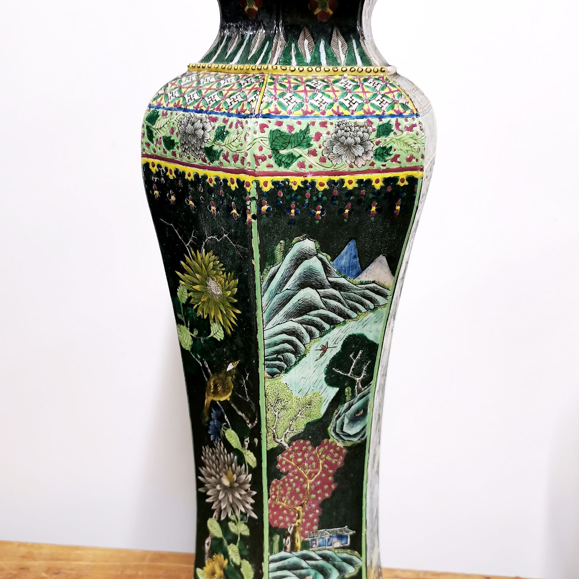 A mid-20th C Chinese porcelain hexagonal vase mounted as a table lamp, overall H. 89cm. - Image 4 of 5