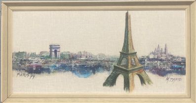 A 1970's framed oil on canvas of Paris signed M.Dyme. Frame size, 65 x 35cm.