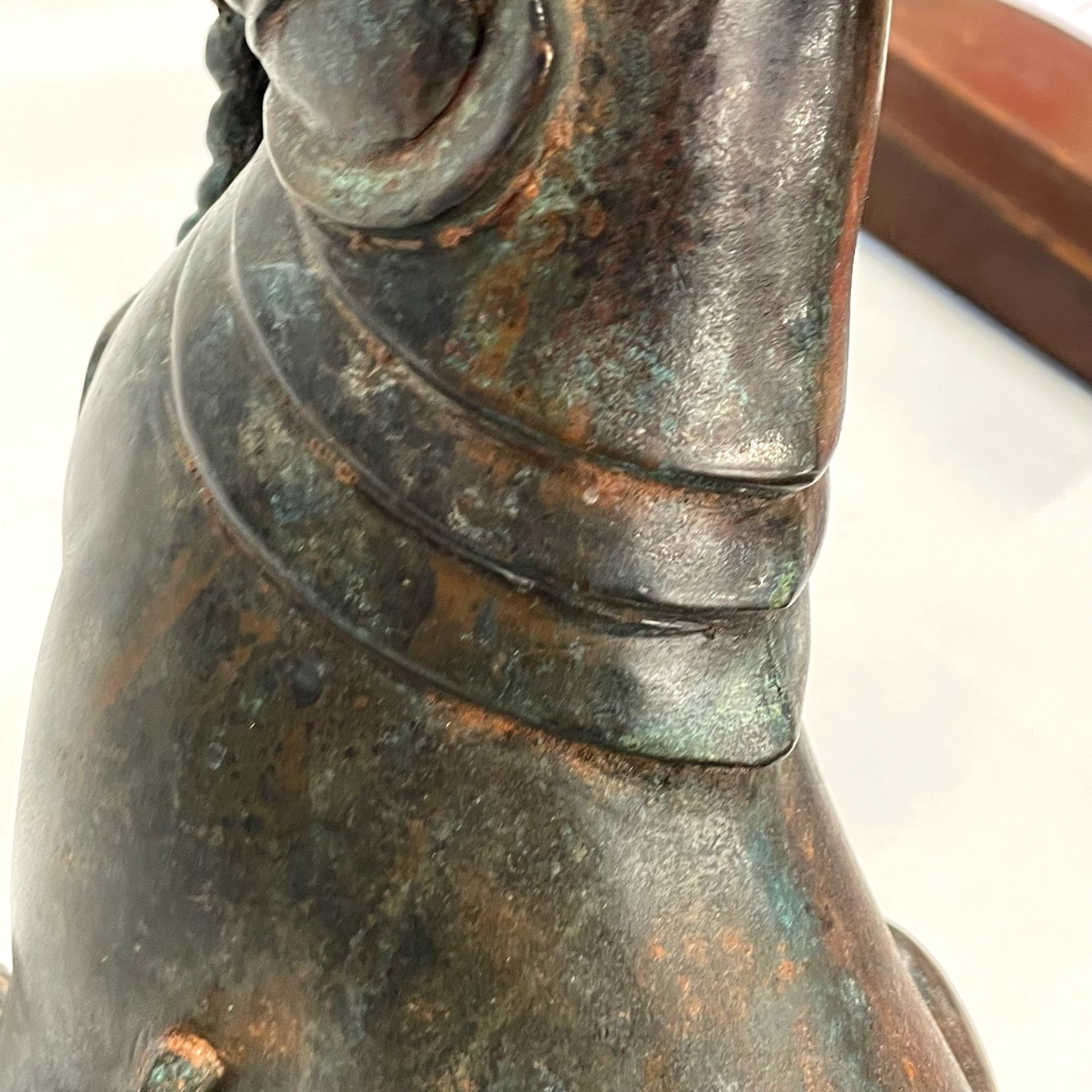 A pair of large Chinese bronze mythical animal pricket candlesticks featuring liondogs performing - Image 4 of 5