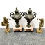 A pair of 19th C French spelter garnitures, H. 33cm, together with a pair of heavy brass figural