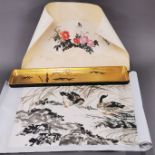 A Japanese gilt lacquered tray, L. 60cm, together with a hand painted fan watercolour and a