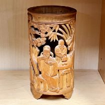 A Chinese carved bamboo brush pot, H. 20cm.