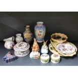A group of porcelain and enamelled items including Beswick Beatrix Potter figures.
