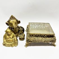 A Victorian brass and glass casket and three other items.