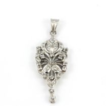 A white metal (tested minimum 9ct gold) pendant set with white sapphires, L. 5cm.