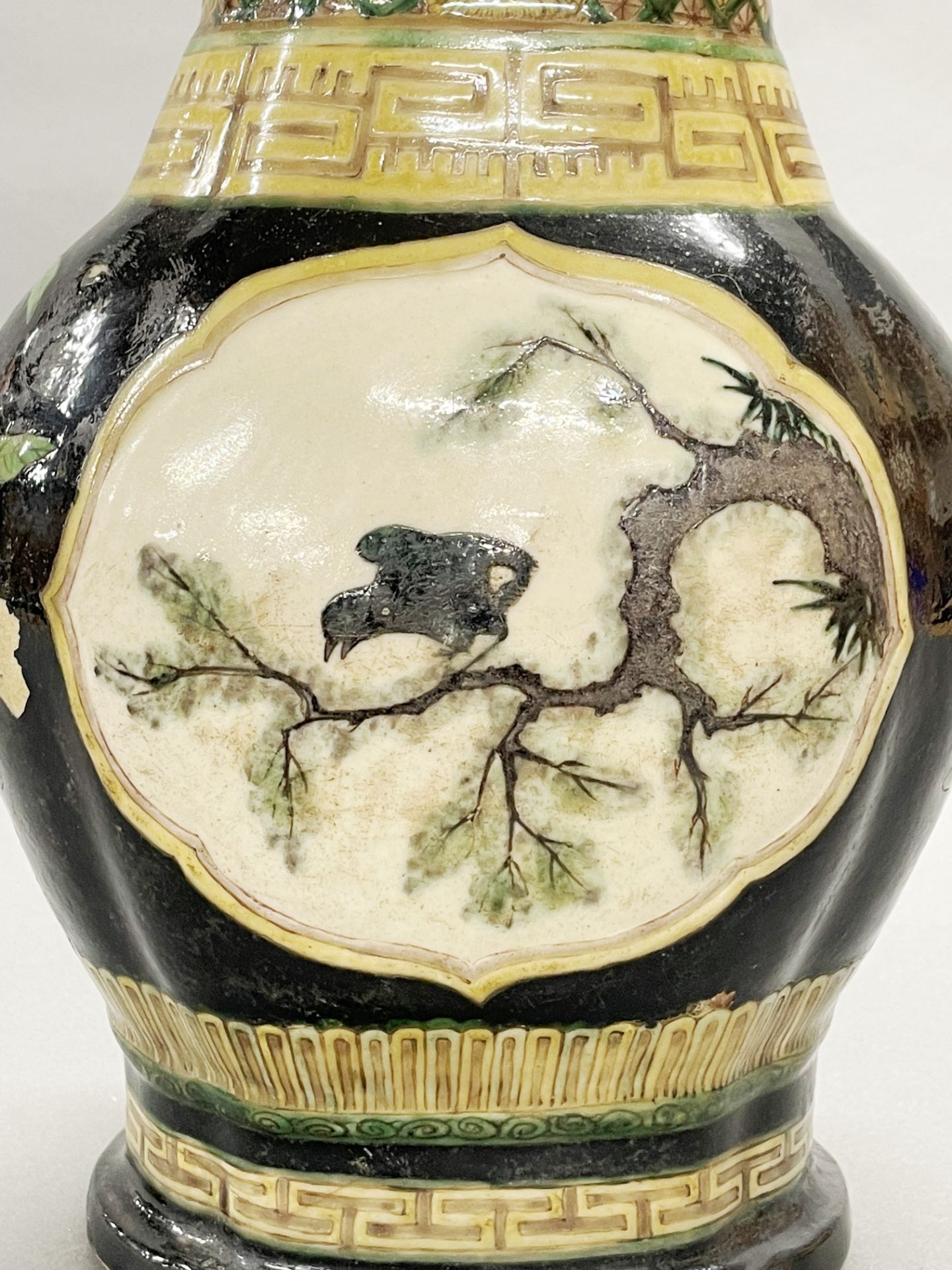 A Chinese Famille noir decorated stoneware vase, drilled as a lamp base, H. 42cm. - Image 2 of 4
