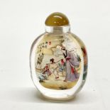 A Chinese signed inside painted lead crystal snuff bottle with polished agate stopper, H. 9cm.