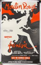 A canvas mounted original advertising poster for Bal du Moulin Rouge Frenesie, by Renee Gruau,