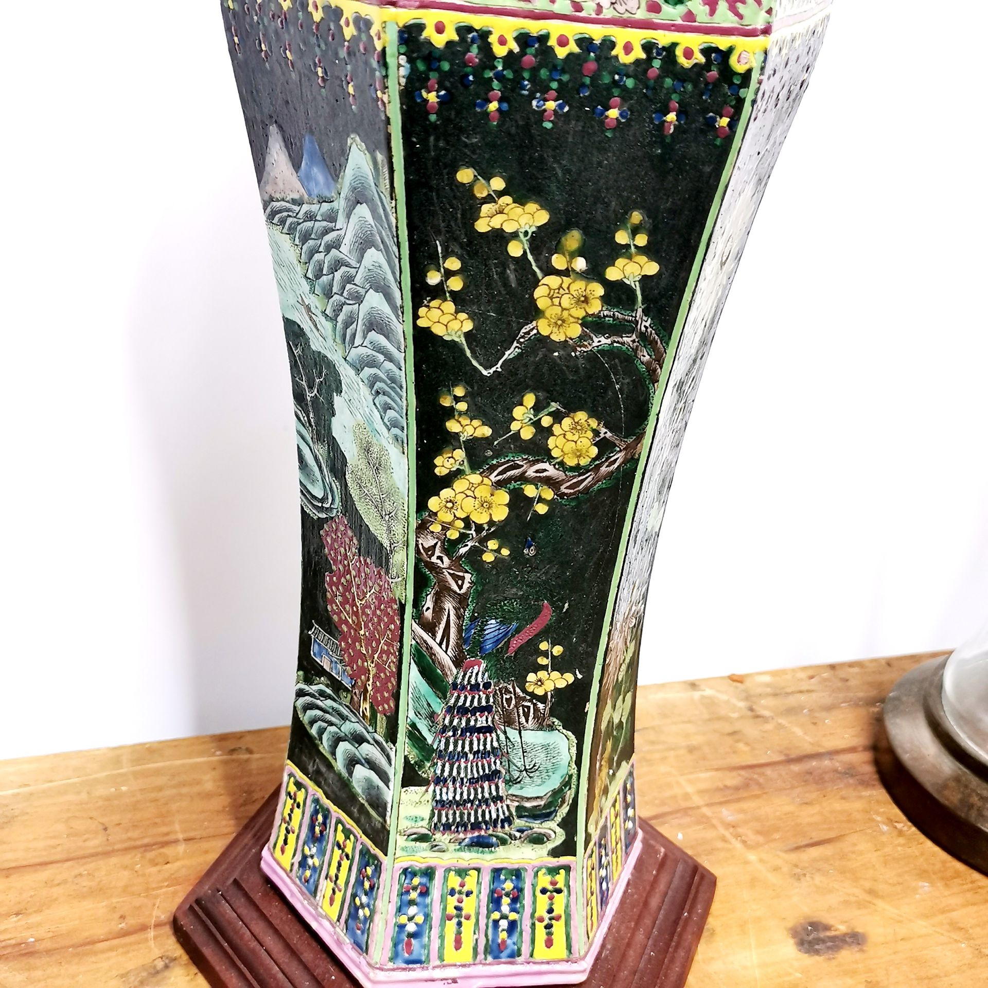 A mid-20th C Chinese porcelain hexagonal vase mounted as a table lamp, overall H. 89cm. - Image 5 of 5