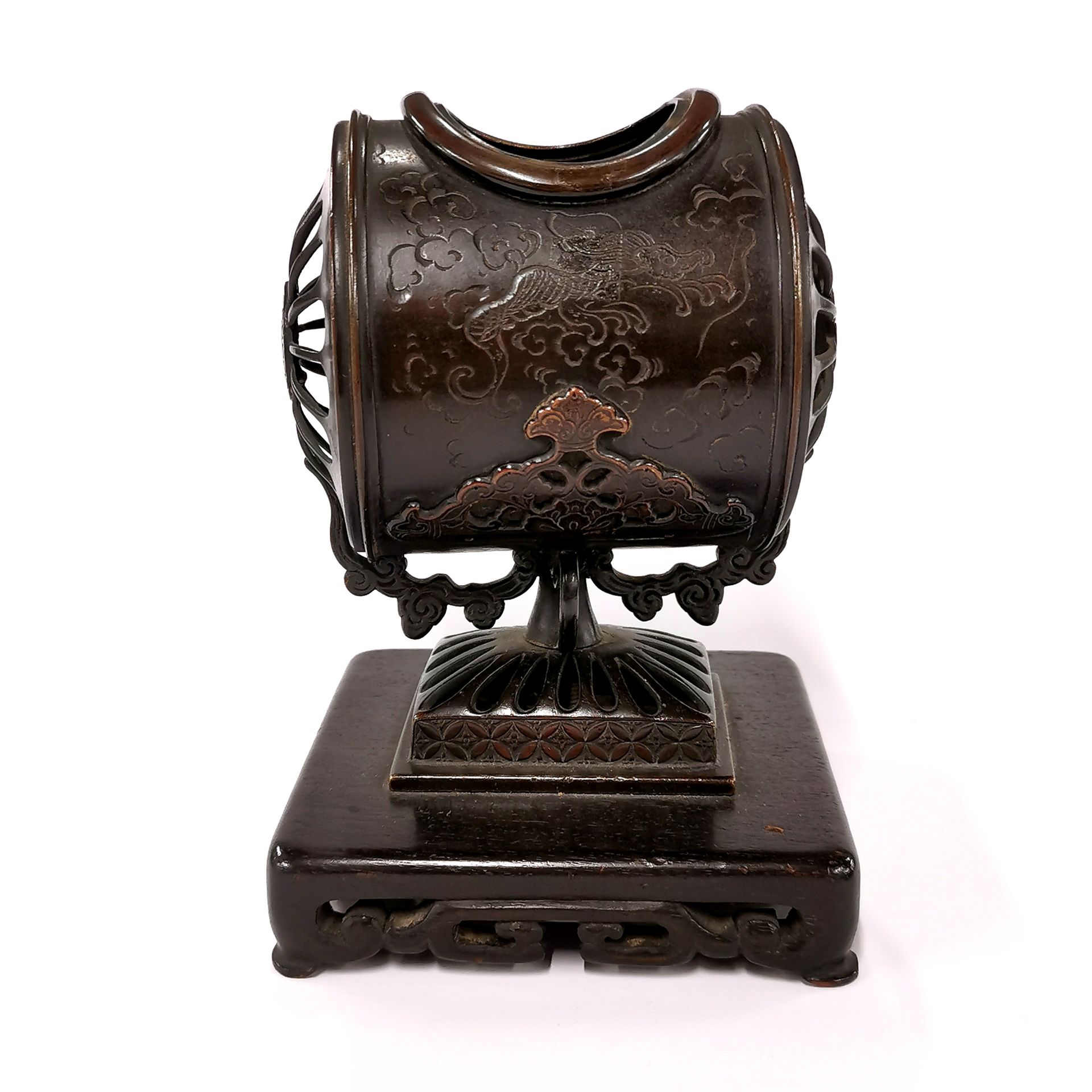 An unusual Chinese bronze censer mounted on a carved hardwood base, H. 17cm. - Image 2 of 4