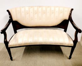 An Edwardian inlaid mahogany cream and beige upholstered settee, L. 118cm.