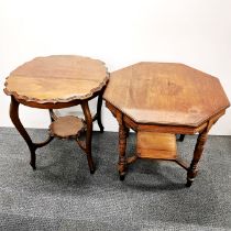 An octagonal two tier occasional table with a further mahogany occasional table, octagonal table