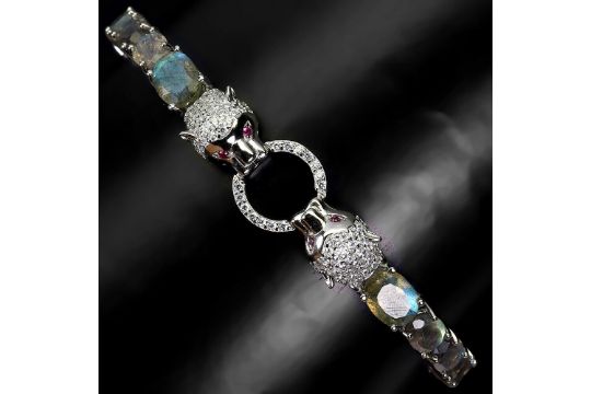 A 925 silver panther shaped bracelet set with oval cut labradorite, L. 16.5cm. - Image 2 of 3