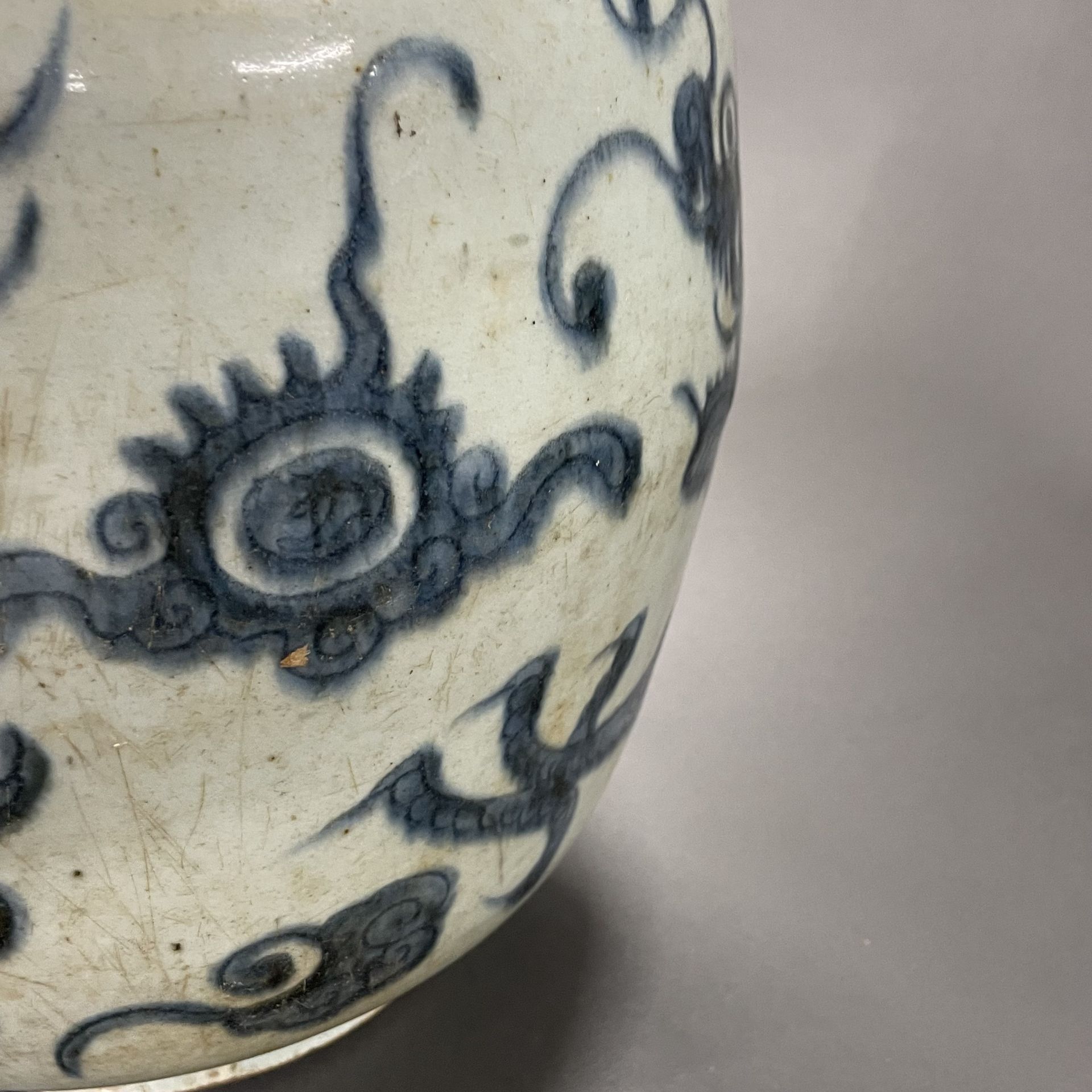 A large early Chinese hand painted provincial porcelain wine jar, H. 31cm. Some restoration and - Image 5 of 6