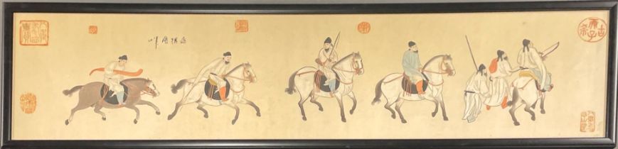 A large framed Chinese watercolour of polo players, 33 x 126cm.