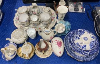 A quantity of mixed good china and a tray of mixed wooden and other items.