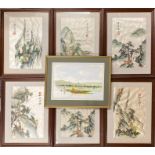 A set of six Chinese framed embroidered and painted silks, 31 x 41cm, together with a further