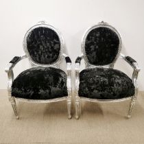 A pair of silver finished French style fauteuil chairs, H. 98cm.