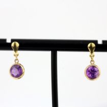 A pair of 9ct yellow gold amethyst set drop earrings, L. 1.4cm.