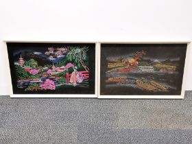 A pair of 1970's oriental framed oils on velvet, frame size 46 x 70cm. Together with a framed