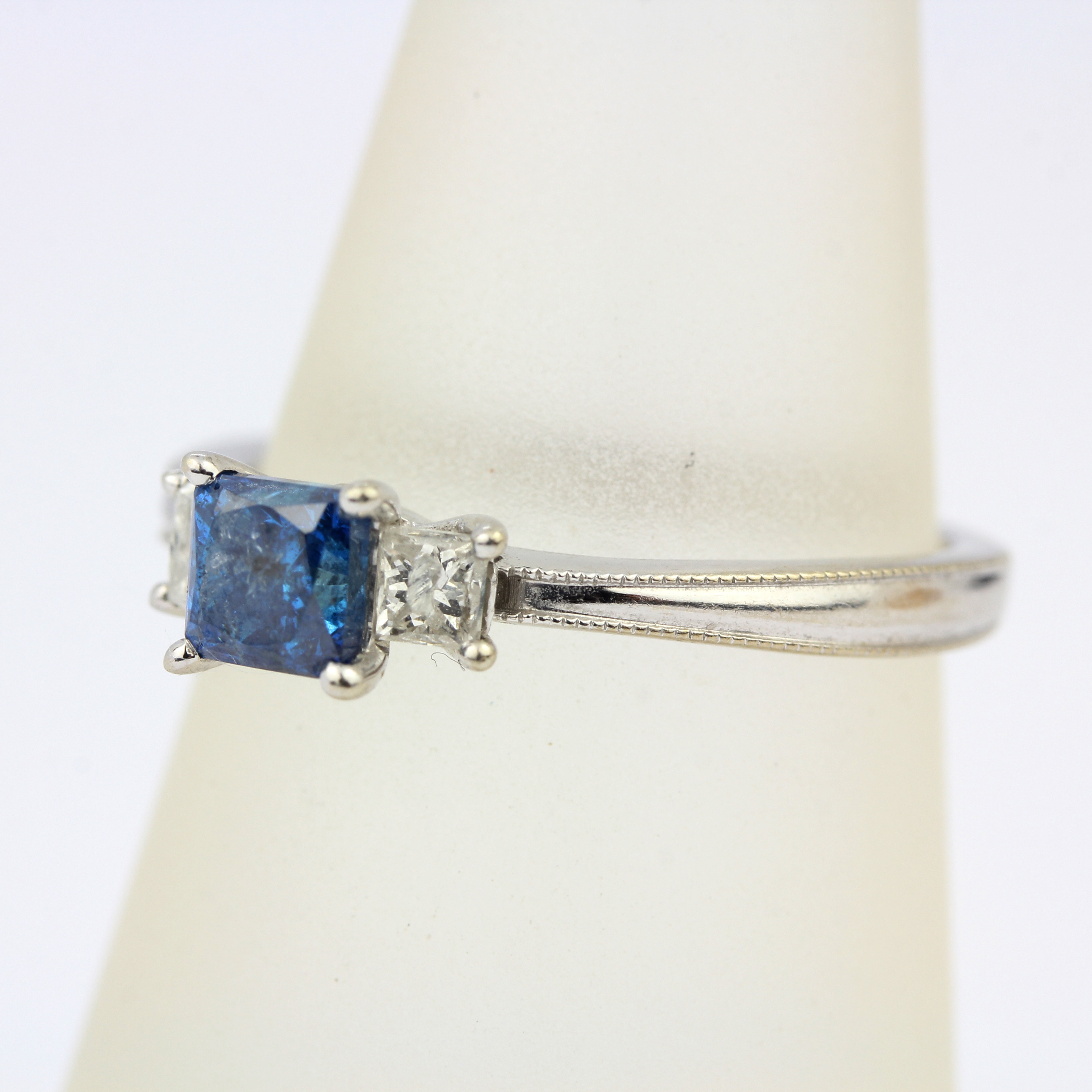 A 14ct white gold ring set with a princess cut fancy blue diamond and princess cut diamond set - Image 2 of 4