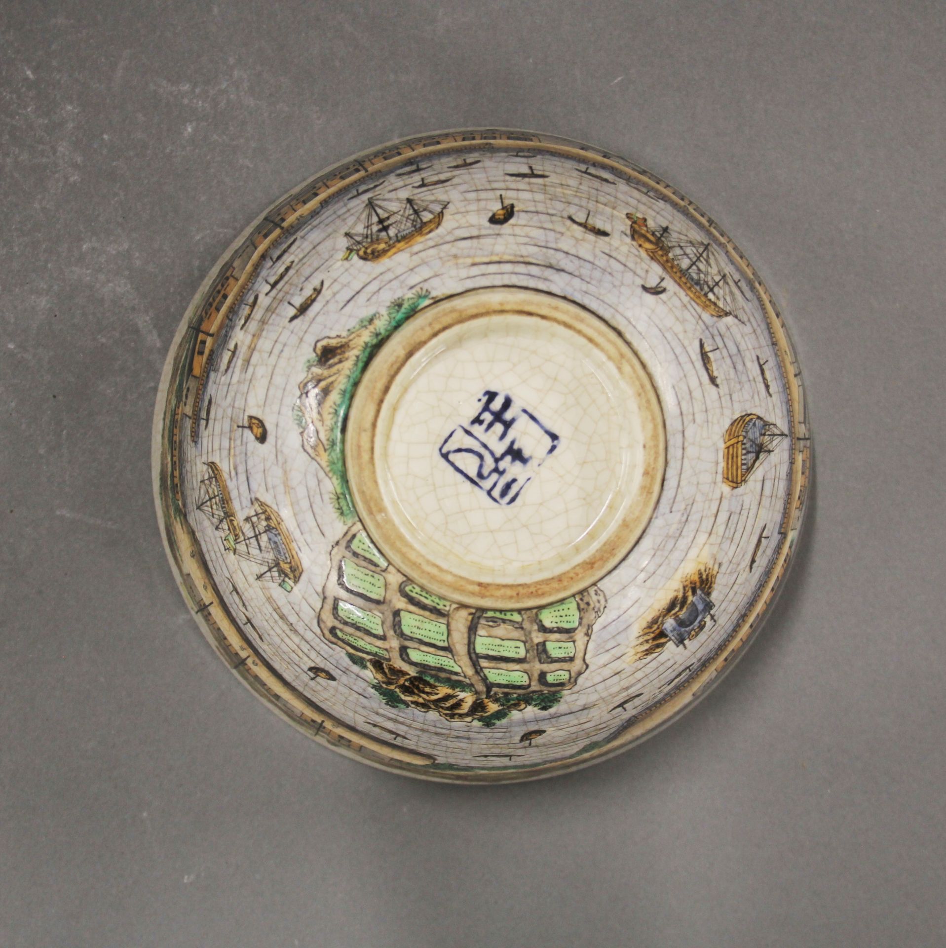 A 19thC relief decorated jug with a Chinese crackle glazed porcelain bowl depicting shipping - Image 5 of 6