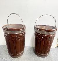 A pair of large carved mahogany and bronze peat buckets, H. 66cm.