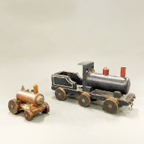 Two handmade antique wooden train toys, longest L. 36cm.