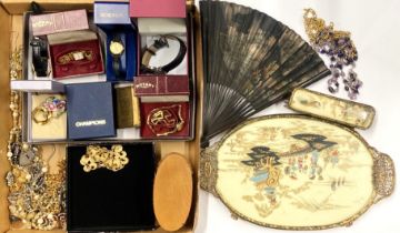 A tray of mixed items including costume jewellery and watches.