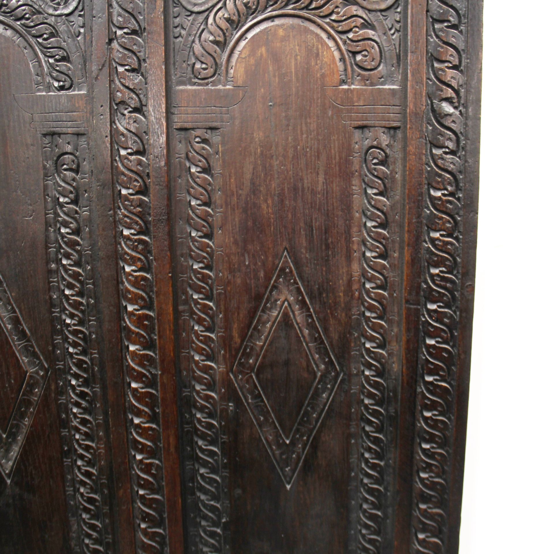 A large 17thC carved oak panel believed to be from a church in Royston, Hertfordshire, 78 x 104cm. - Image 2 of 3