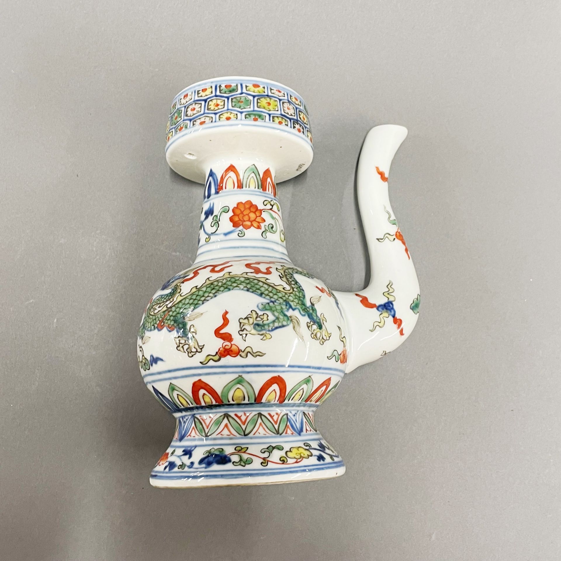 An unusual hand painted porcelain oil pourer, H. 20cm. - Image 4 of 4