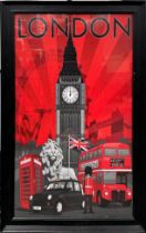 A large contemporary framed print London tourist attractions, framed size 61 x 92cm.