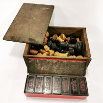 A turned wooden chess set, king H. 8cm, together with a Will's star cigarette dominoes set.