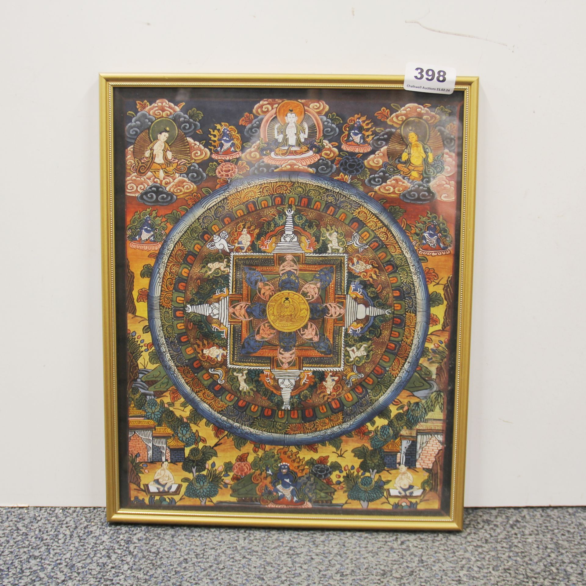 A framed hand painted Tibetan Thangka, 29 x 36cm.